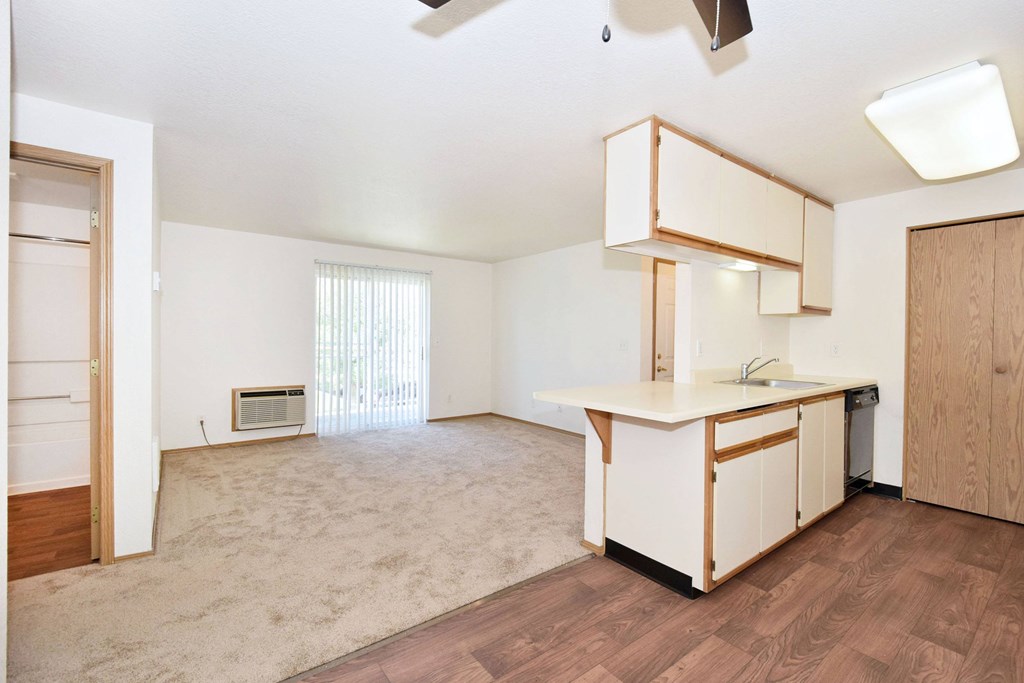 A kitchen area with a sink and a window.