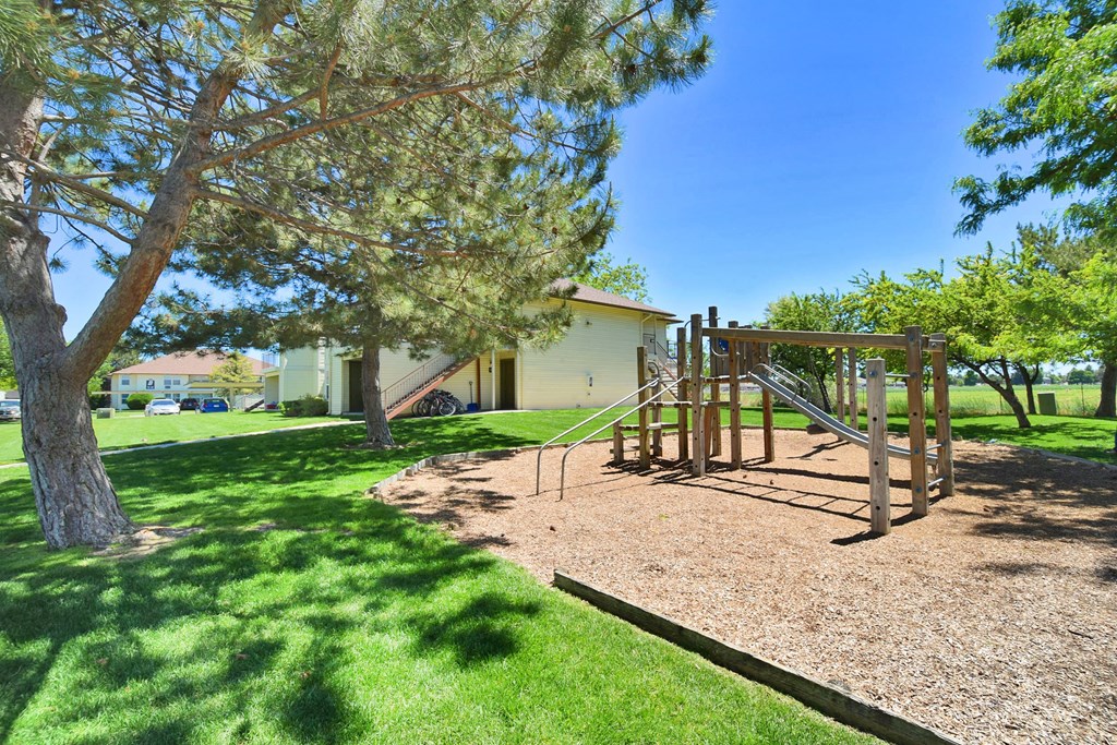 A playground with a swing set and a slide in a grassy area.