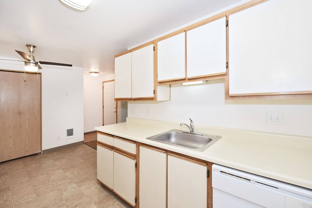 A kitchen with white cabinets and a white dishwasher.