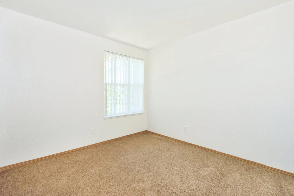 A room with a carpeted floor and a window.