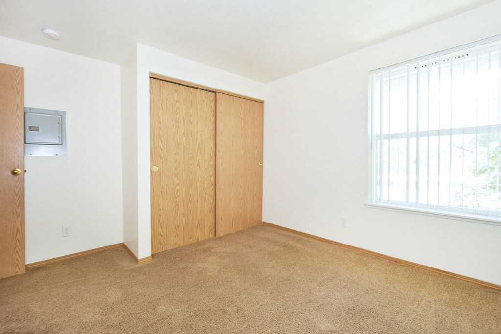 A room with a carpeted floor, two wooden doors, and a window with blinds.
