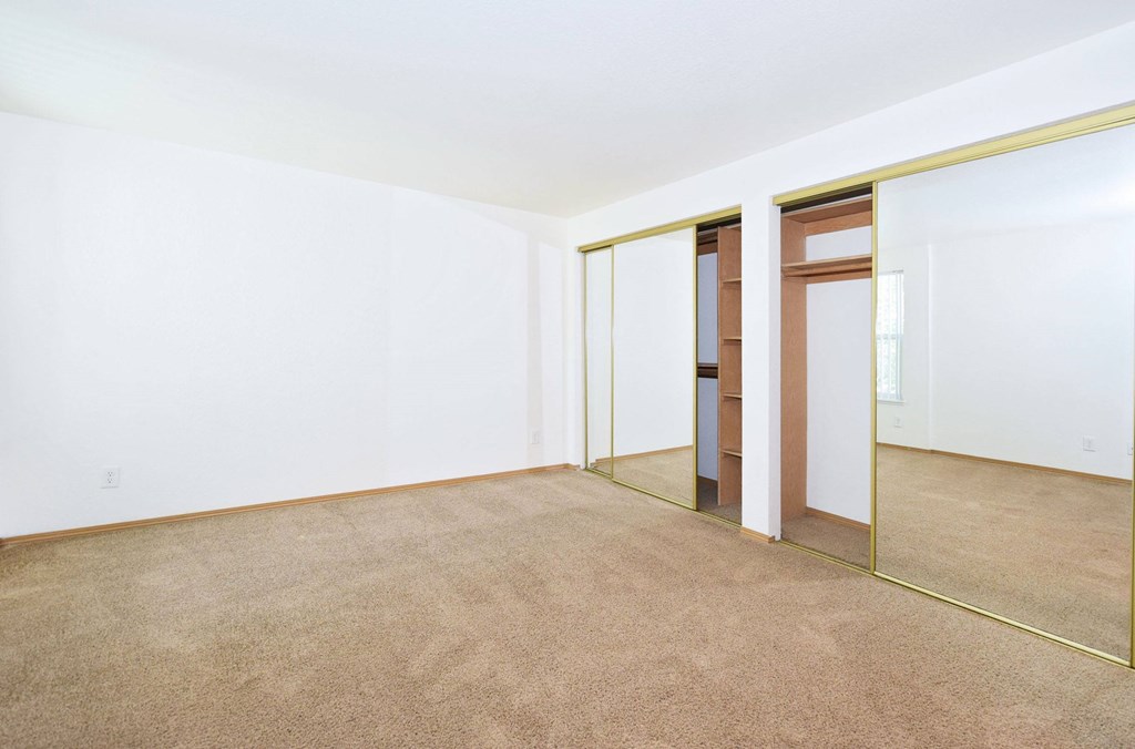 A room with a carpeted floor and a white wall.
