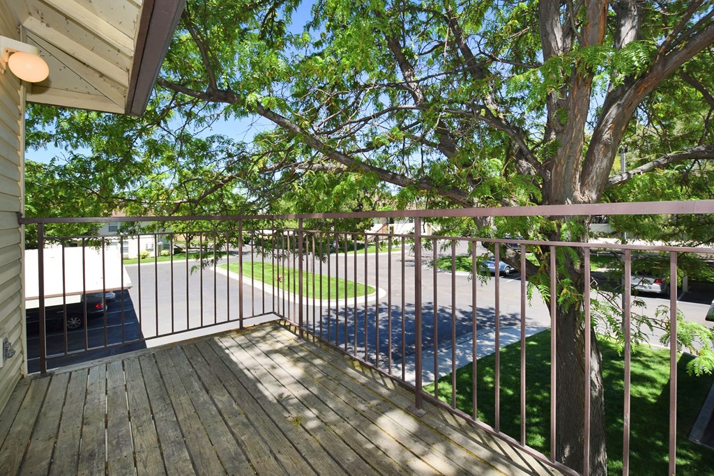 A balcony with a metal railing and a tree in the background.