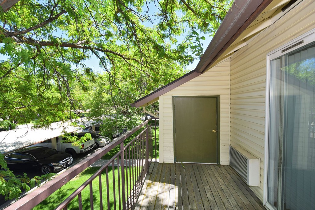 A balcony with a green door and a window is surrounded by trees.