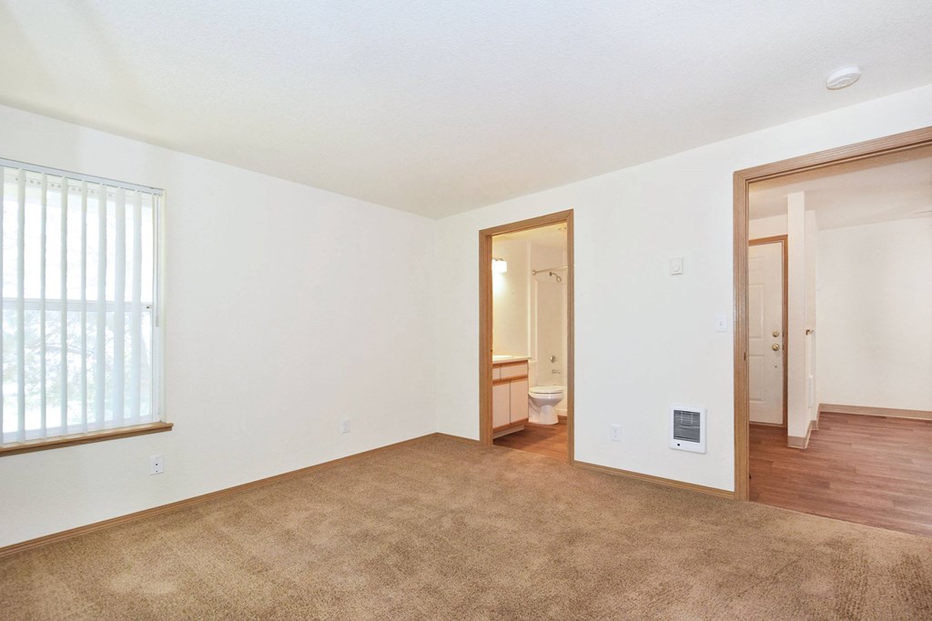 A room with a carpeted floor and a window with blinds.