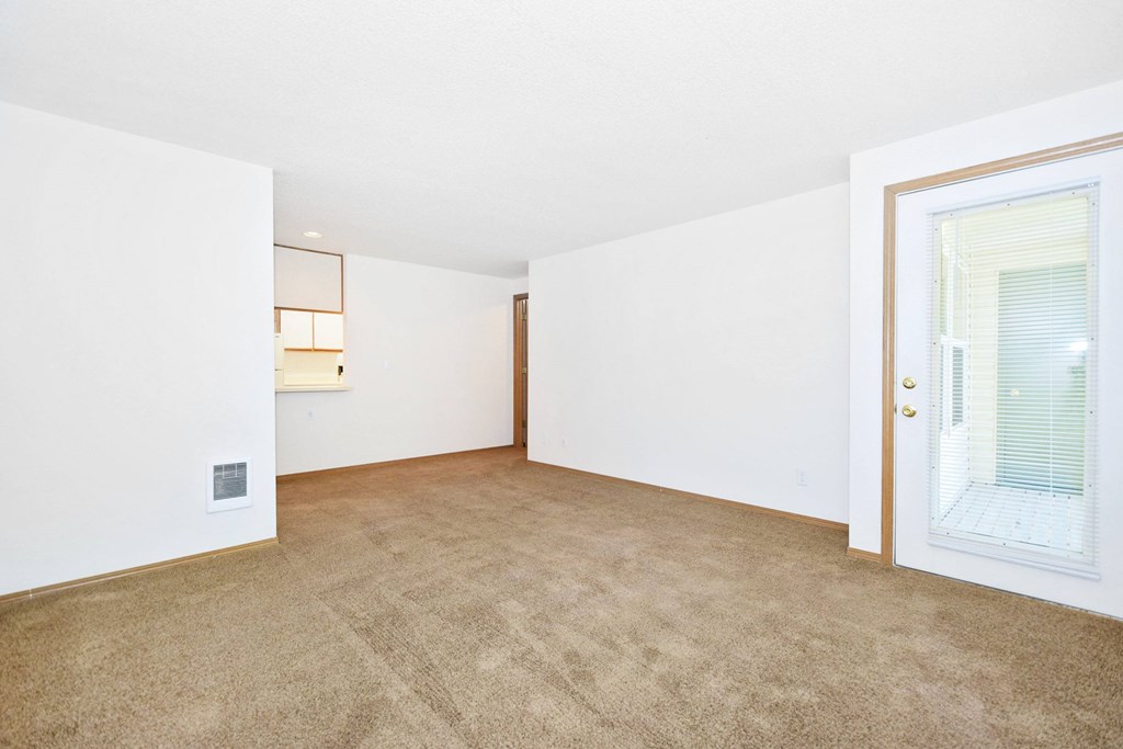 A room with white walls and carpeted floor.