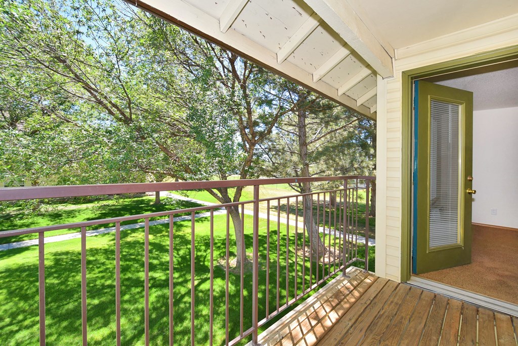 A balcony with a green door and a metal railing.