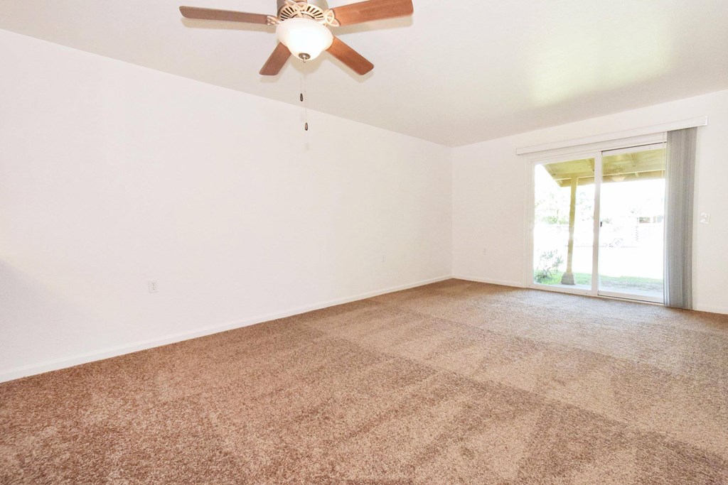 A room with a ceiling fan and carpeted floor.