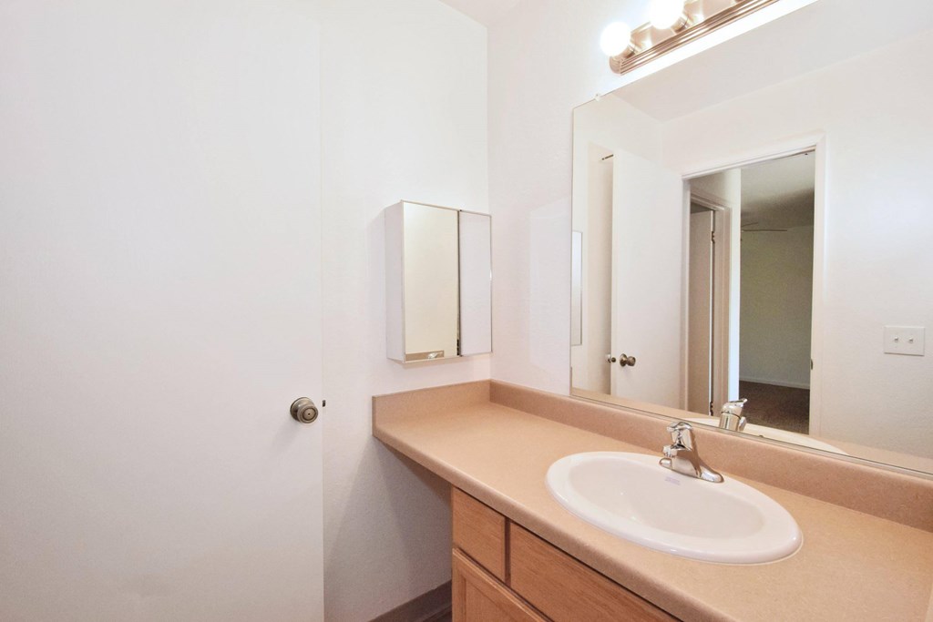 A bathroom with a sink and mirror.