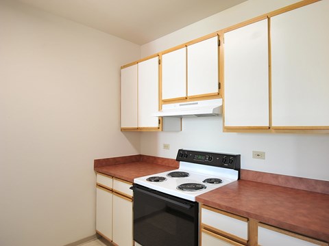A kitchen with a stove and cabinets.
