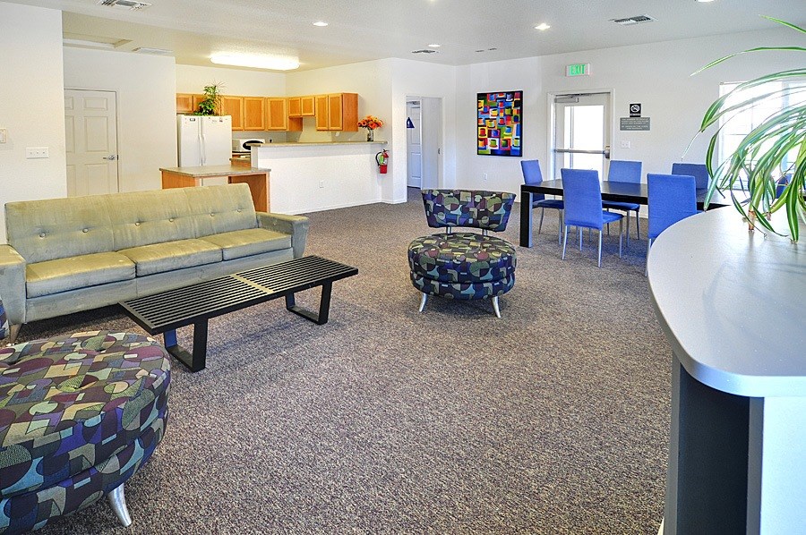 A living room with a grey carpet and a grey couch.