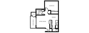 A floor plan of a living space with a bedroom, dining area, and living room.