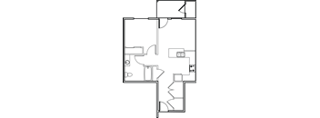 A floor plan of a house with a kitchen, living room, and two bedrooms.