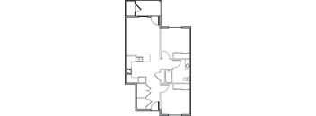 A floor plan of a house with a kitchen, living room, and two bedrooms.