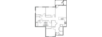 A floor plan of a house with a kitchen, living room, and two bedrooms.
