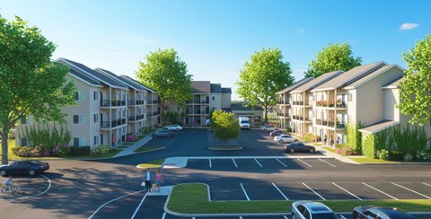 A street view of a residential area with cars parked and people walking.