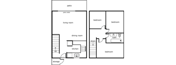 A floor plan of a house with a patio, living room, dining room, kitchen, and bathroom.