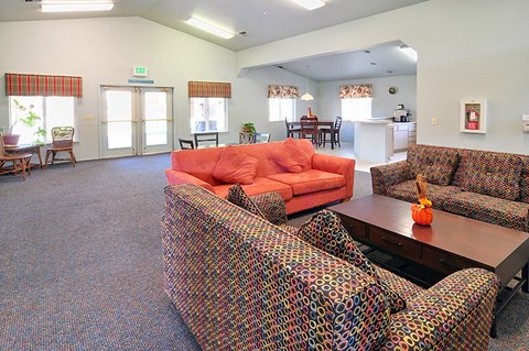 A living room with a patterned couch and a red couch.
