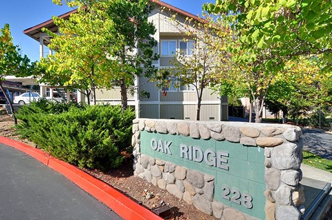 A sign that says Oak Ridge 228 in front of a building.