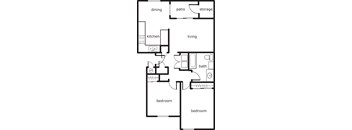 A floor plan of a home with two bedrooms, a living room, a kitchen, a bathroom, a dining room, and a patio.