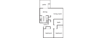 A floor plan of a house with a patio, dining area, kitchen, living room, bathroom, and two bedrooms.