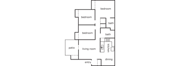 A floor plan of a house with three bedrooms, a living room, a kitchen, a dining area, a bath, and a patio.