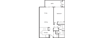 A floor plan of a house with a kitchen, living room, dining room, bedroom, bathroom, and patio.