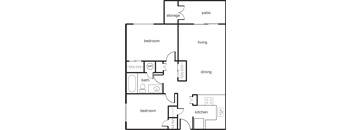 A floor plan of a house with a living room, two bedrooms, a kitchen, a bathroom, a storage area, and a patio.