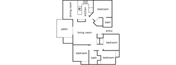 A floor plan of a house with a dining room, kitchen, living room, and bathrooms.