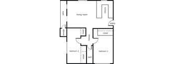 A floor plan of a house with a living room, kitchen, two bedrooms, a bathroom, a hallway, and a closet.