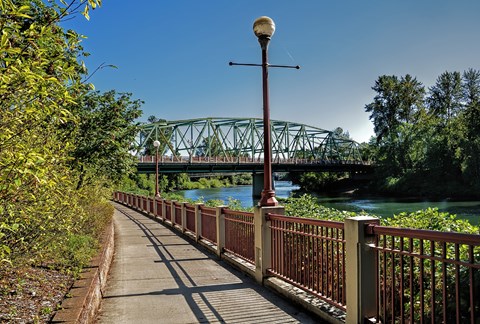 A bridge over a river with a metal railing and a lamp post on the sidewalk.