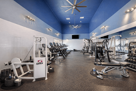 A gym with a variety of equipment including a rowing machine. at Infinity on the Landing Apartments , Euless, Texas