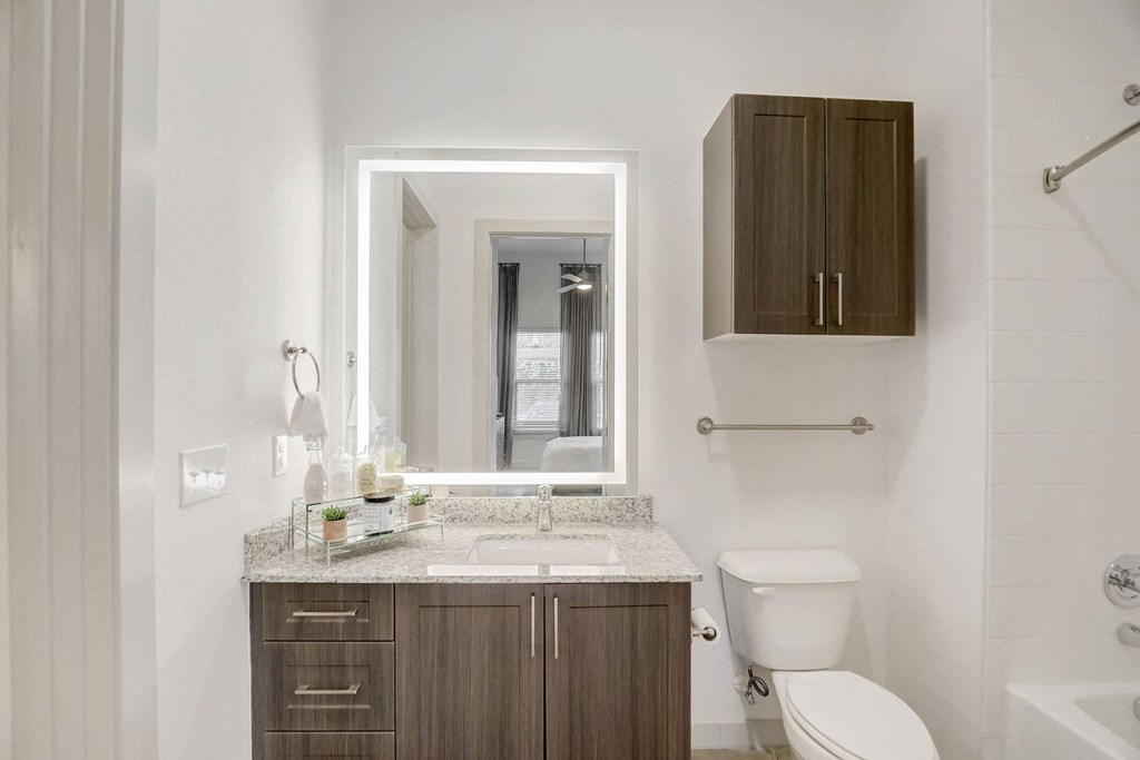 A bathroom with a white toilet, sink, and mirror at Infinity on the Point Apartments, Texas