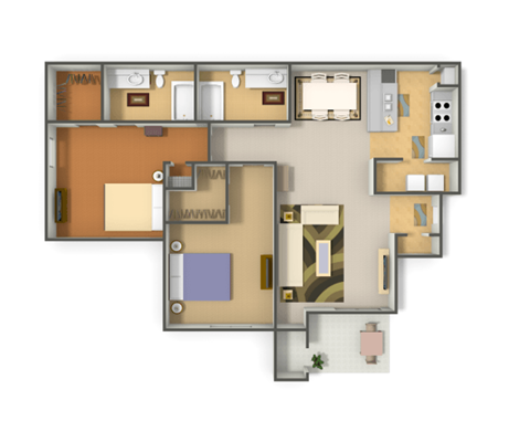 A floor plan of a house with a kitchen, living room, and two bedrooms.