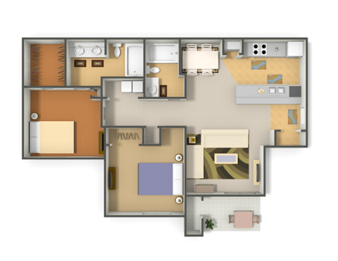 A floor plan of a house with a kitchen, living room, and two bedrooms.