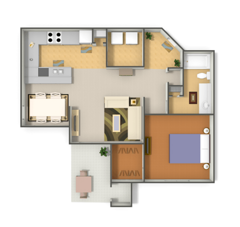 A 3D rendered image of a house layout.