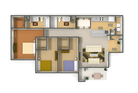A floor plan of a house with two bedrooms and two bathrooms.