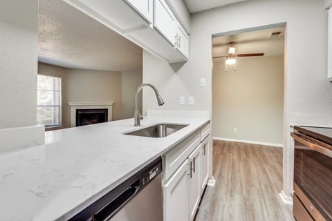 A kitchen with a white counter top and a stainless steel dishwasher.