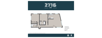 A floor plan for a 2 bedroom, 2 bathroom apartment sized 910 square feet.