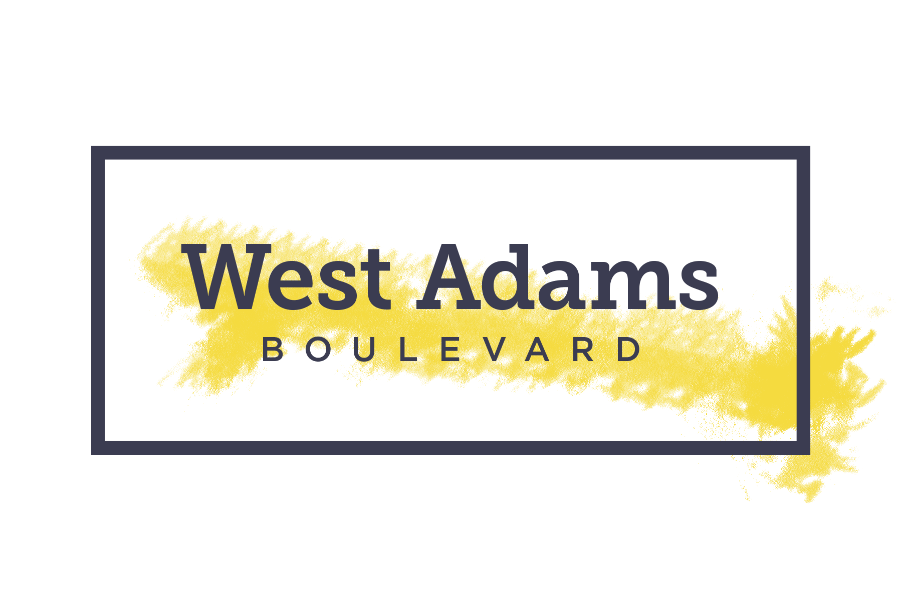A graphic with a yellow paint stroke and the words "West Adams Boulevard" written on it.