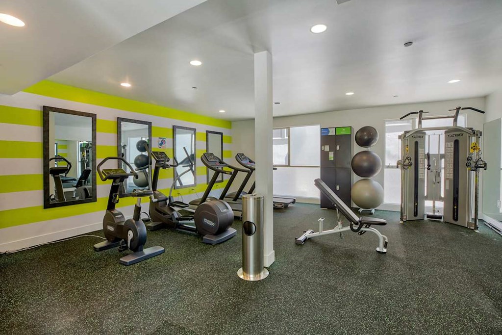 A gym with a variety of equipment including treadmills, weights, and exercise machines.at 1800 Whitley, Los Angeles, 90028