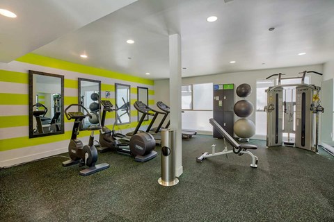 A gym with a variety of equipment including treadmills, weights, and exercise machines.at 1800 Whitley, Los Angeles, 90028
