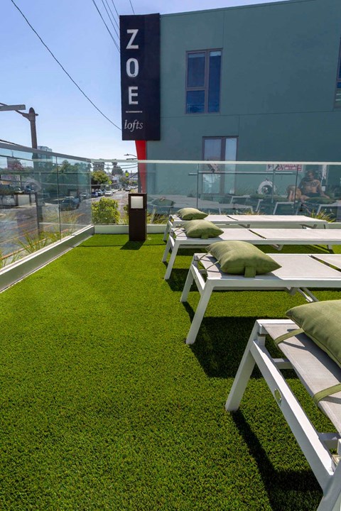 A row of white lounge chairs with green cushions are on a grassy area in front of a ZOE lofts sign.