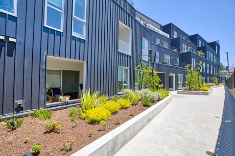 A modern building with a blue exterior and a garden in front.