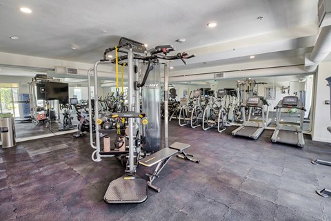 A gym with a variety of equipment including treadmills, weights, and exercise machines.
