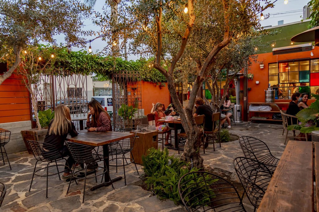 A group of people are sitting at a table under a tree in a courtyard.