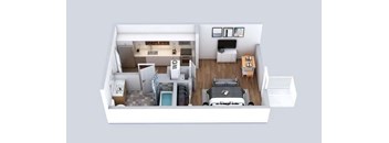 A top-down view of a small apartment with a kitchen, living room, and bedroom at Prizma in Los Angeles, CA, 90038