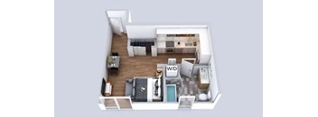 A floor plan of a small apartment with a kitchen, living room, and bathroom at Prizma in Los Angeles, CA, 90038