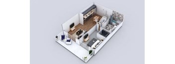 A 3D floor plan of a small apartment with a kitchen, living room, and bathroom at Prizma in Los Angeles, CA, 90038