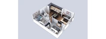 A 3D floor plan of a small apartment with a kitchen, living room, and bedroom at Prizma in Los Angeles, CA, 90038
